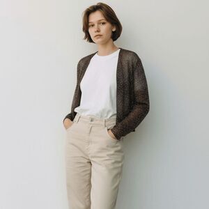 Badgley Mischka Vintage Beaded Open Front Cardigan Brown Embellished Size Medium